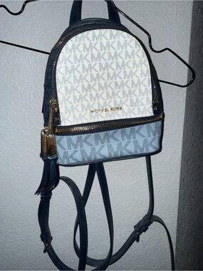 Michael Kors White and Light Blue MK Logo Mini Backpack